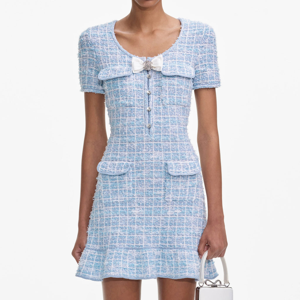 Flowering Girl Women Blue Check Knit Mini Dress