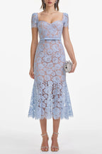 Flowering Girl Women Blue Fine Lace Midi Dress