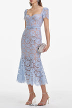 Flowering Girl Women Blue Fine Lace Midi Dress
