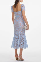 Flowering Girl Women Blue Fine Lace Midi Dress