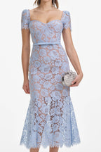Flowering Girl Women Blue Fine Lace Midi Dress