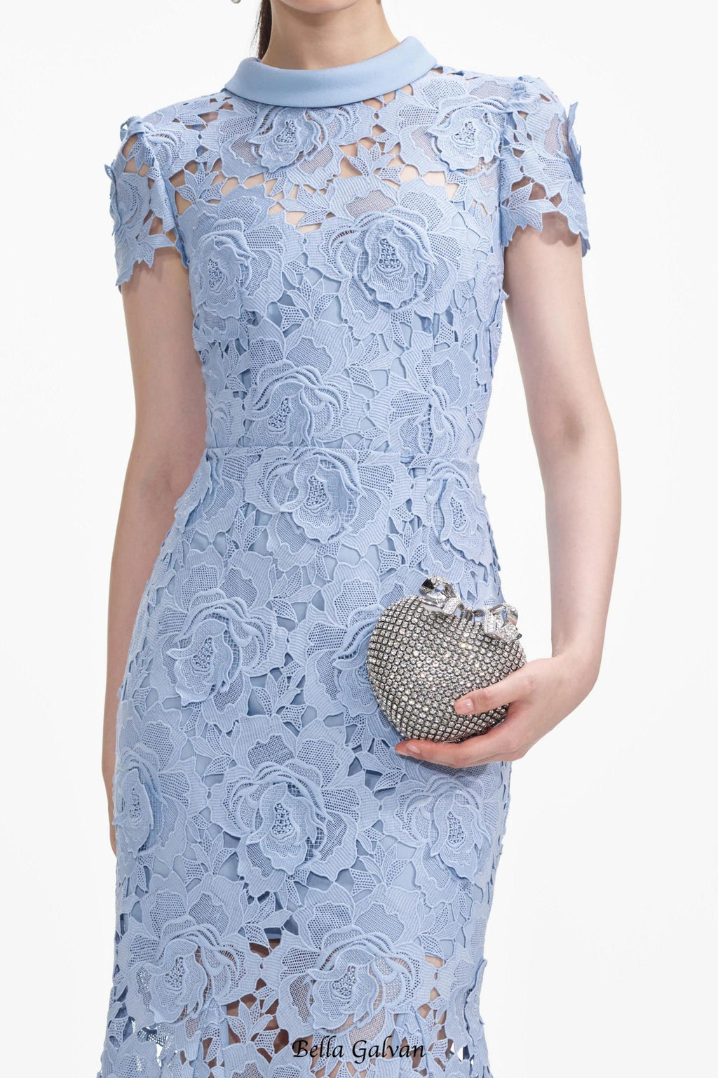 Blue Flower Lace Contrast Collar Midi Dress