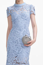 Blue Flower Lace Contrast Collar Midi Dress