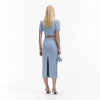 BLUE SEQUIN BOUCLE MIDI SKIRT