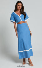 Flowering Girl Women Blythe Two Piece Set - Short Sleeve with Wave Hem A Line Skirt Set in Blue