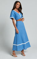 Flowering Girl Women Blythe Two Piece Set - Short Sleeve with Wave Hem A Line Skirt Set in Blue