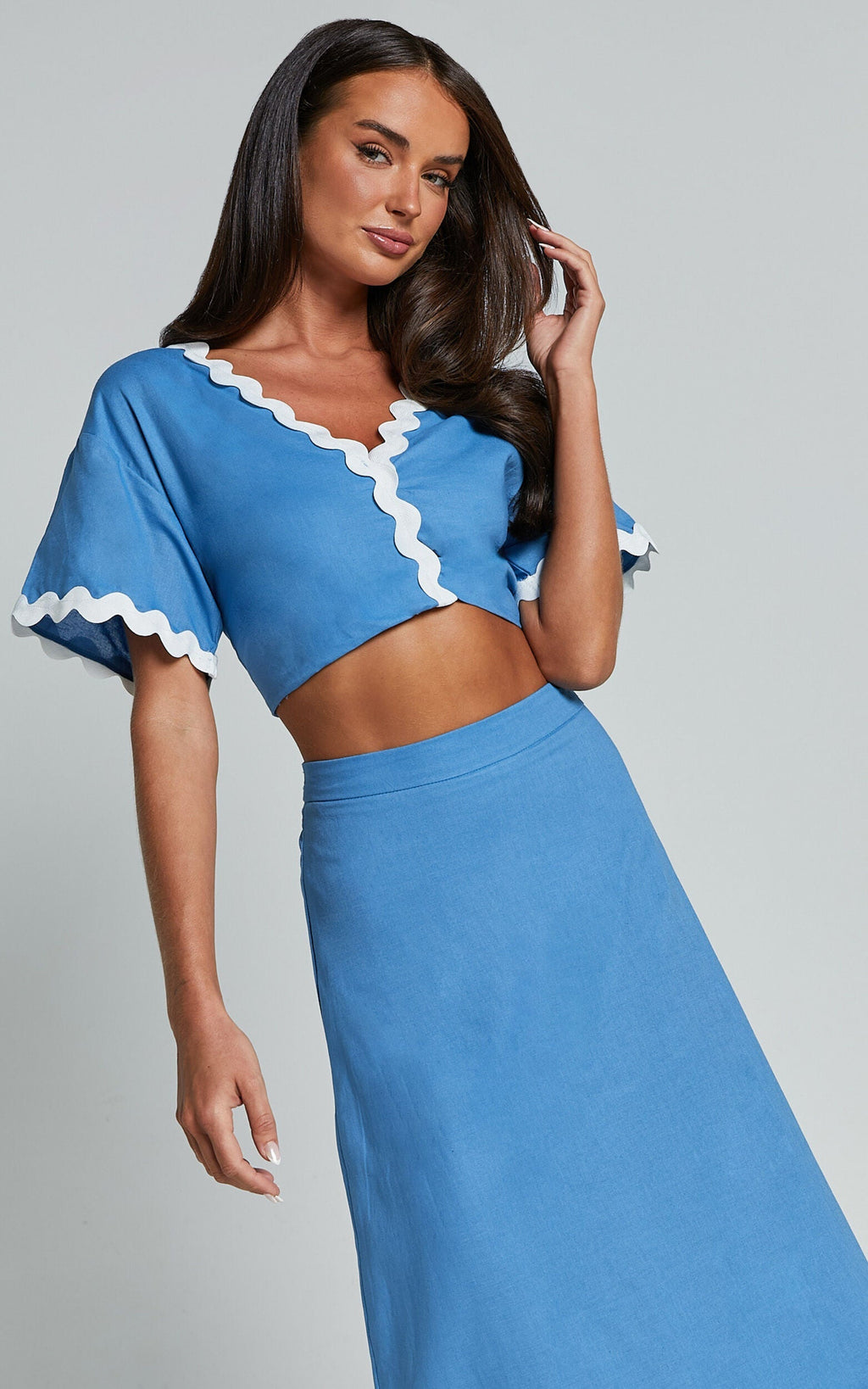 Flowering Girl Women Blythe Two Piece Set - Short Sleeve with Wave Hem A Line Skirt Set in Blue