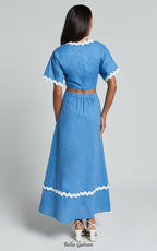 Flowering Girl Women Blythe Two Piece Set - Short Sleeve with Wave Hem A Line Skirt Set in Blue