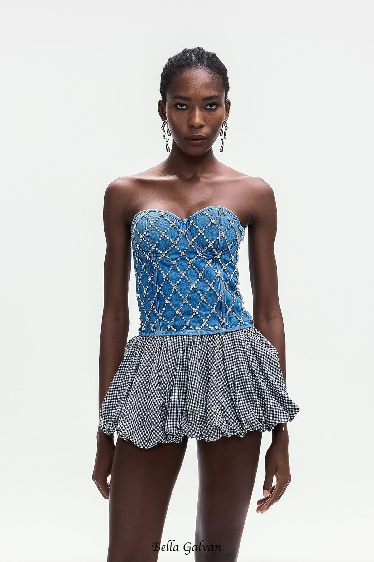 jacqueline Crystal Embellished Strapless Denim Top in blue
