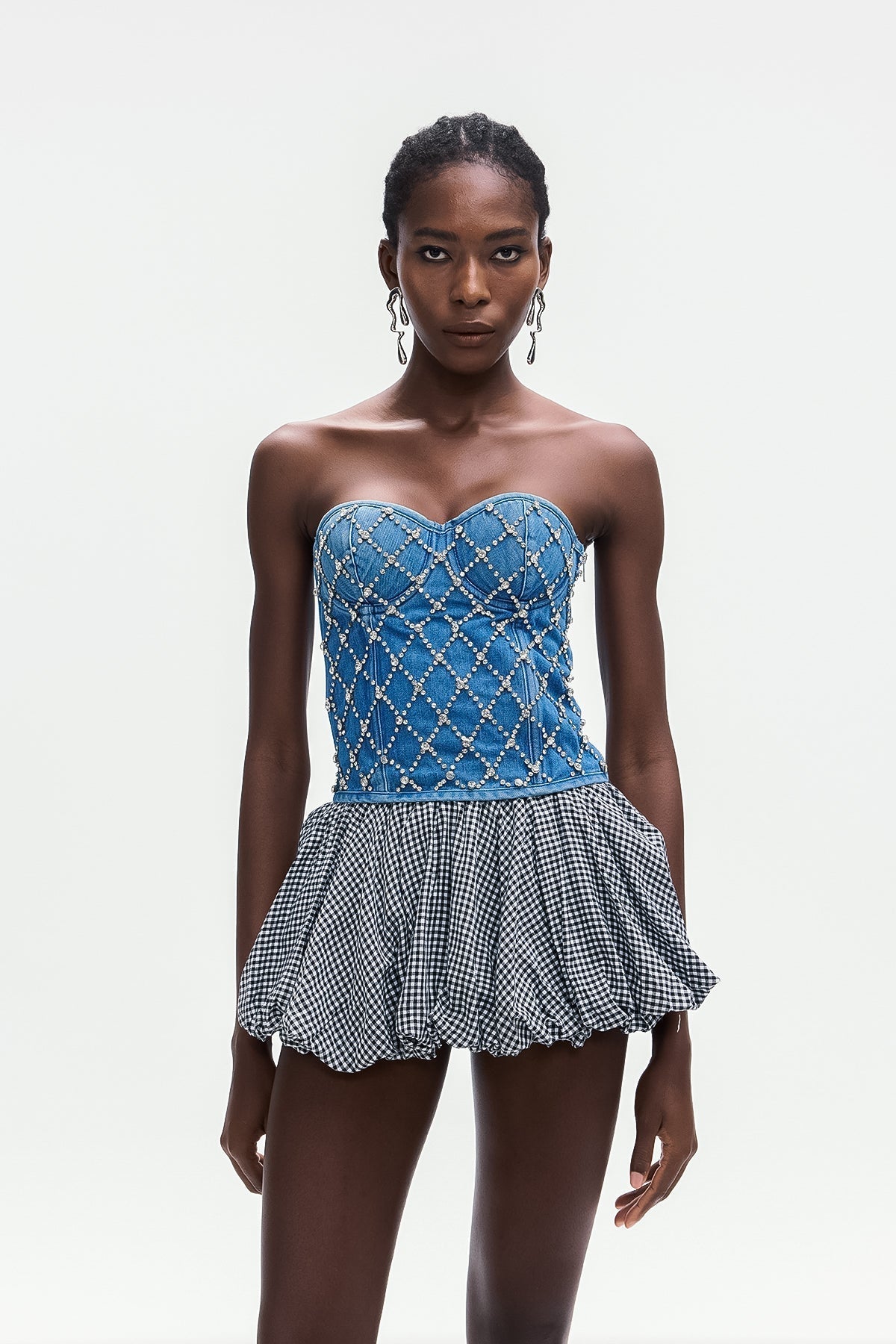 Flowering Girl Women Jacqueline Crystal Embellished Strapless Denim Top In Blue