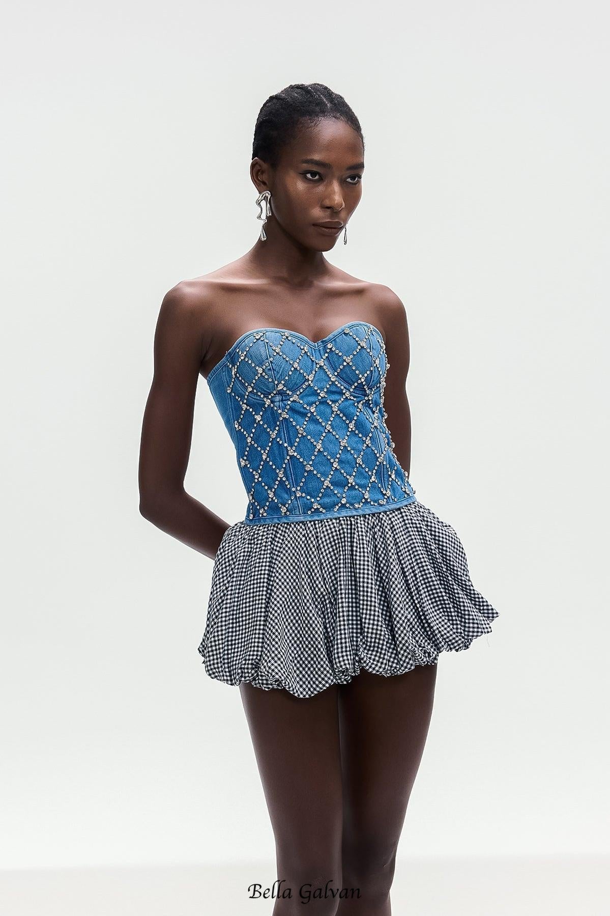 jacqueline Crystal Embellished Strapless Denim Top in blue