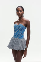 jacqueline Crystal Embellished Strapless Denim Top in blue