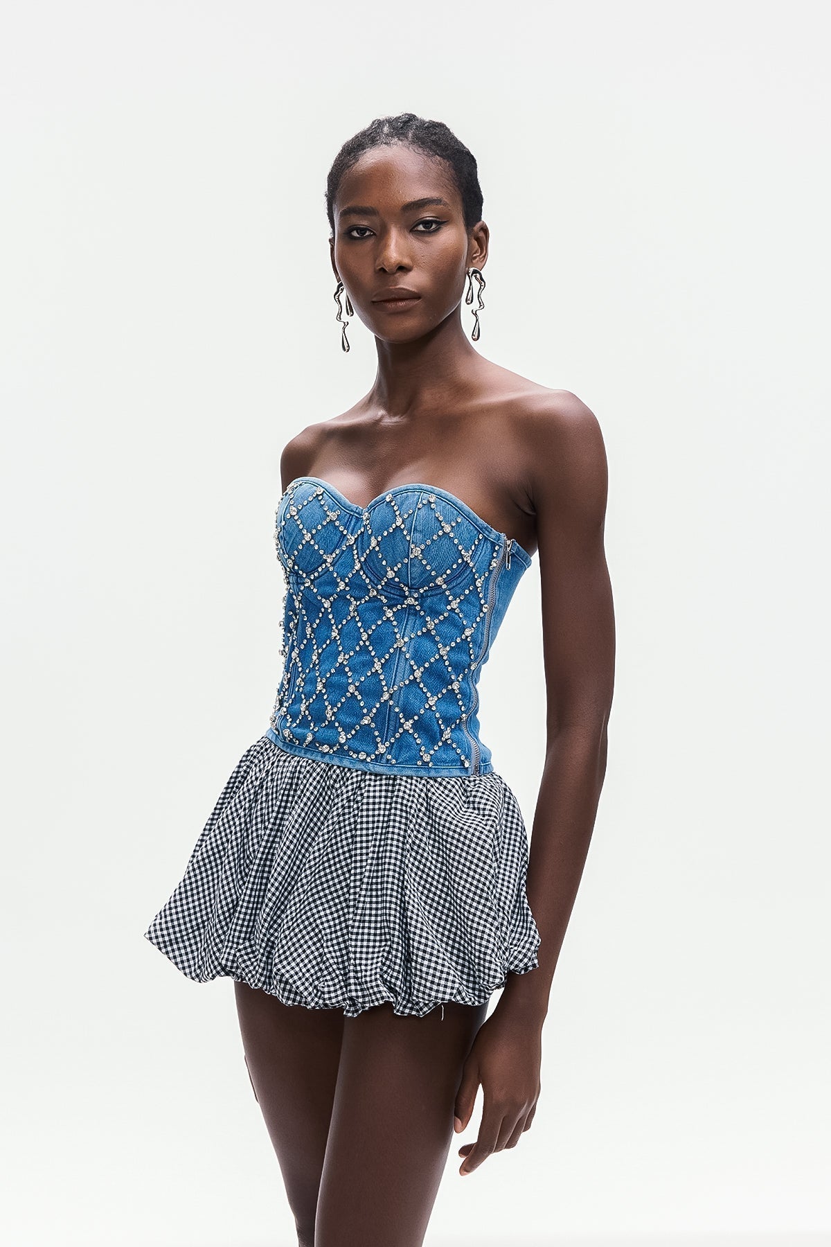 Flowering Girl Women Jacqueline Crystal Embellished Strapless Denim Top In Blue