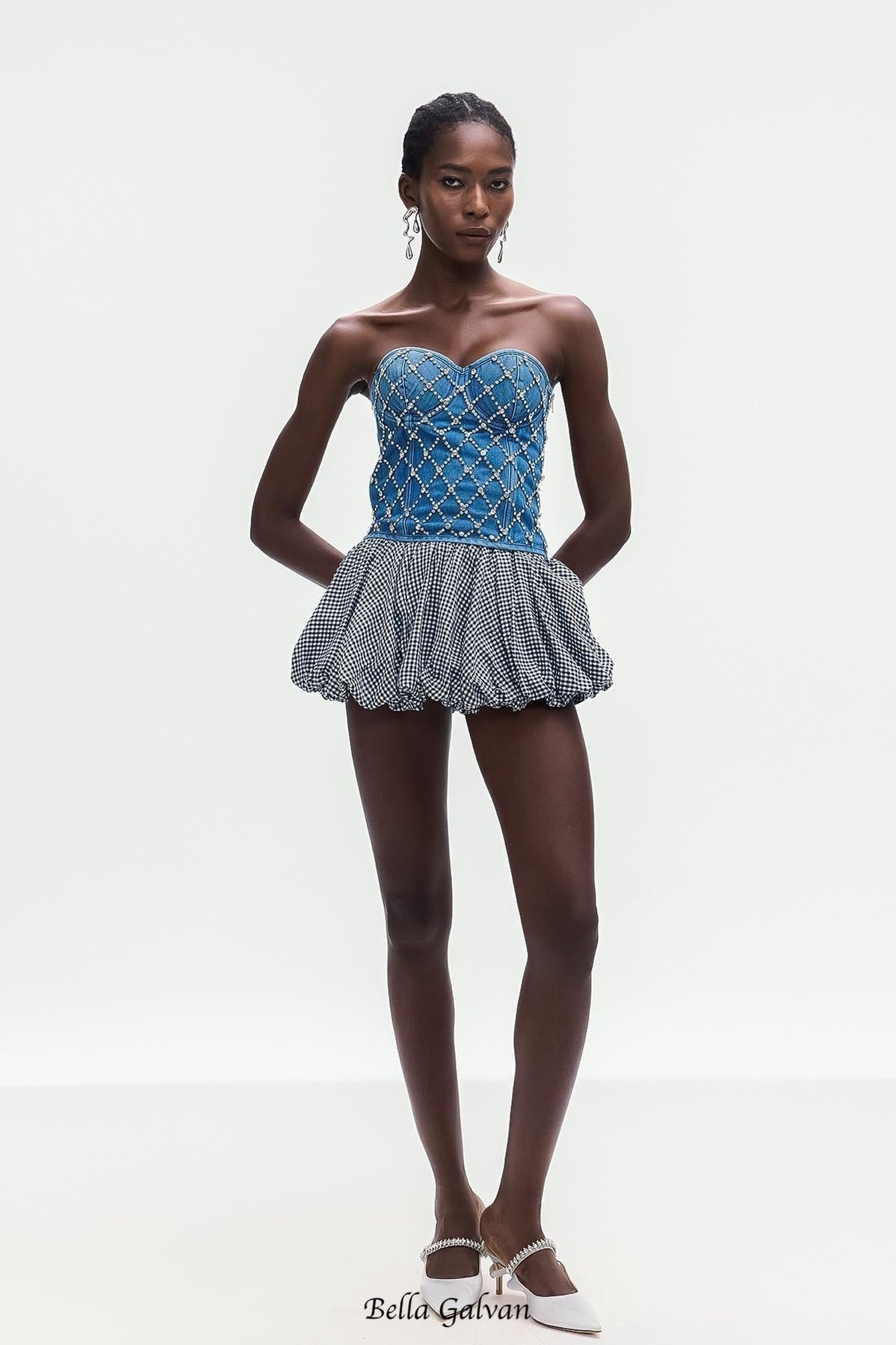 jacqueline Crystal Embellished Strapless Denim Top in blue