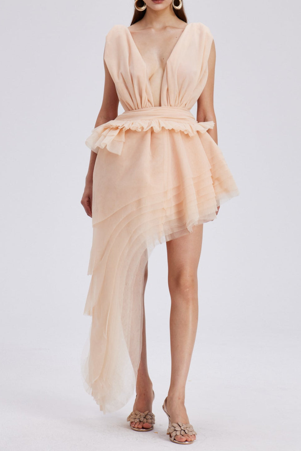 Flowering Girl Women Bosmat Ruch Mesh Asymmetric Mini Dress In Apricot