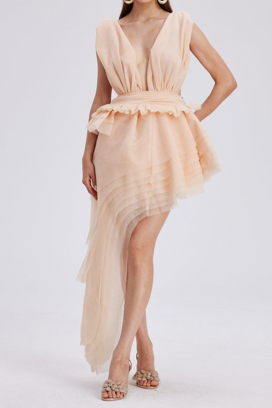 Flowering Girl Women Bosmat Ruch Mesh Asymmetric Mini Dress In Apricot