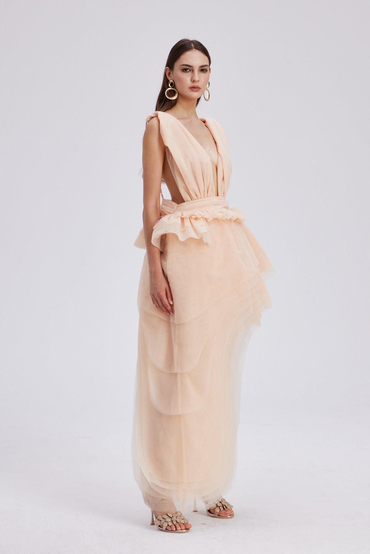 Flowering Girl Women Bosmat Ruch Mesh Asymmetric Mini Dress In Apricot