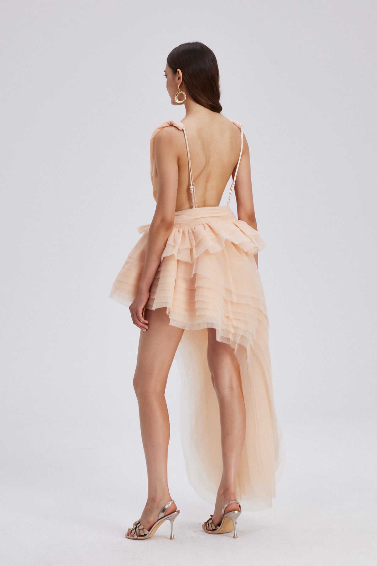 Flowering Girl Women Bosmat Ruch Mesh Asymmetric Mini Dress In Apricot
