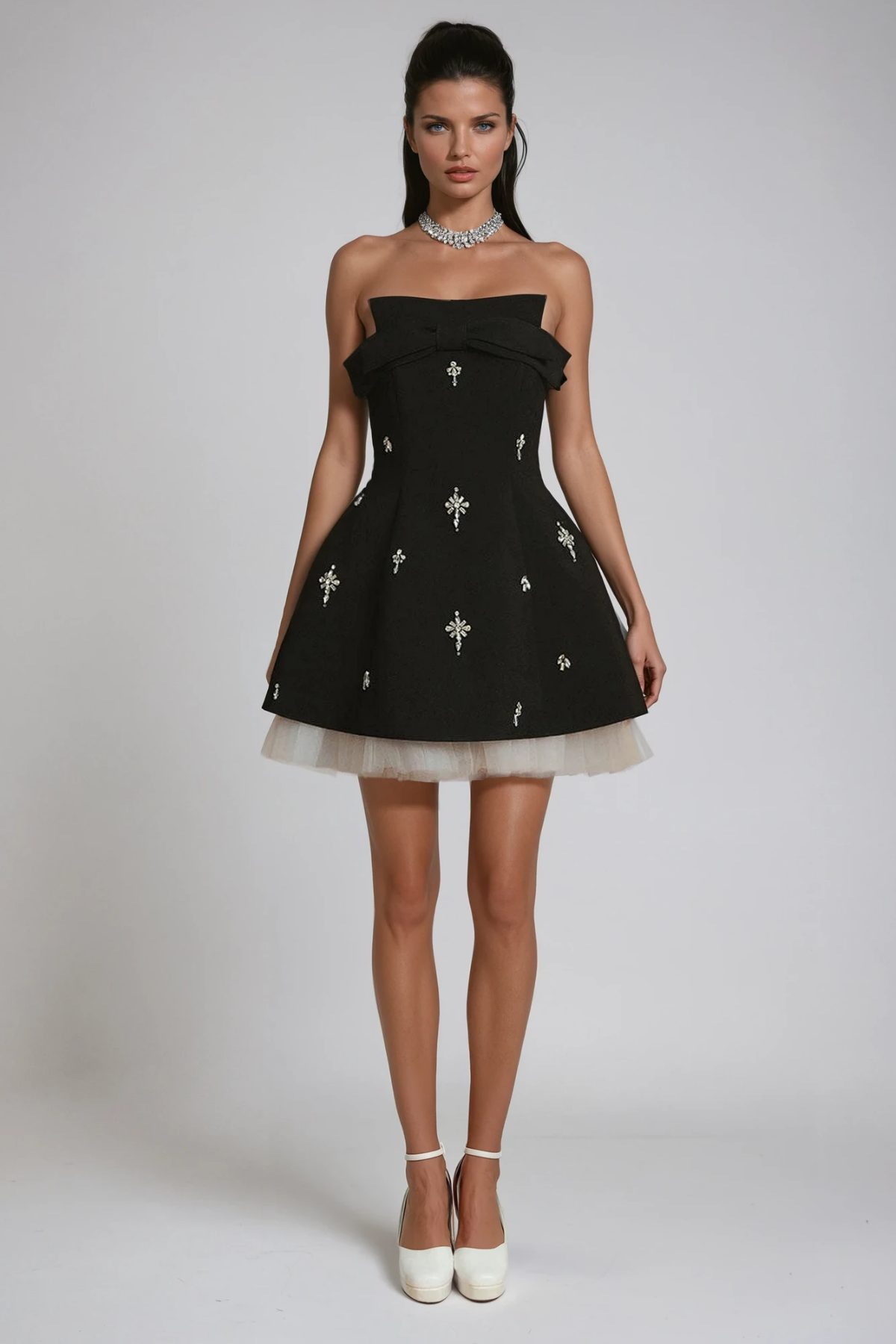 Flowering Girl Women Bracha Crystal Bow Mesh Mini Dress