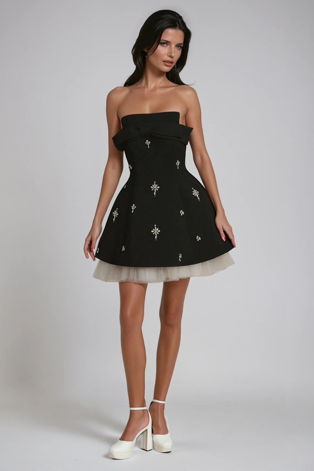 Flowering Girl Women Bracha Crystal Bow Mesh Mini Dress