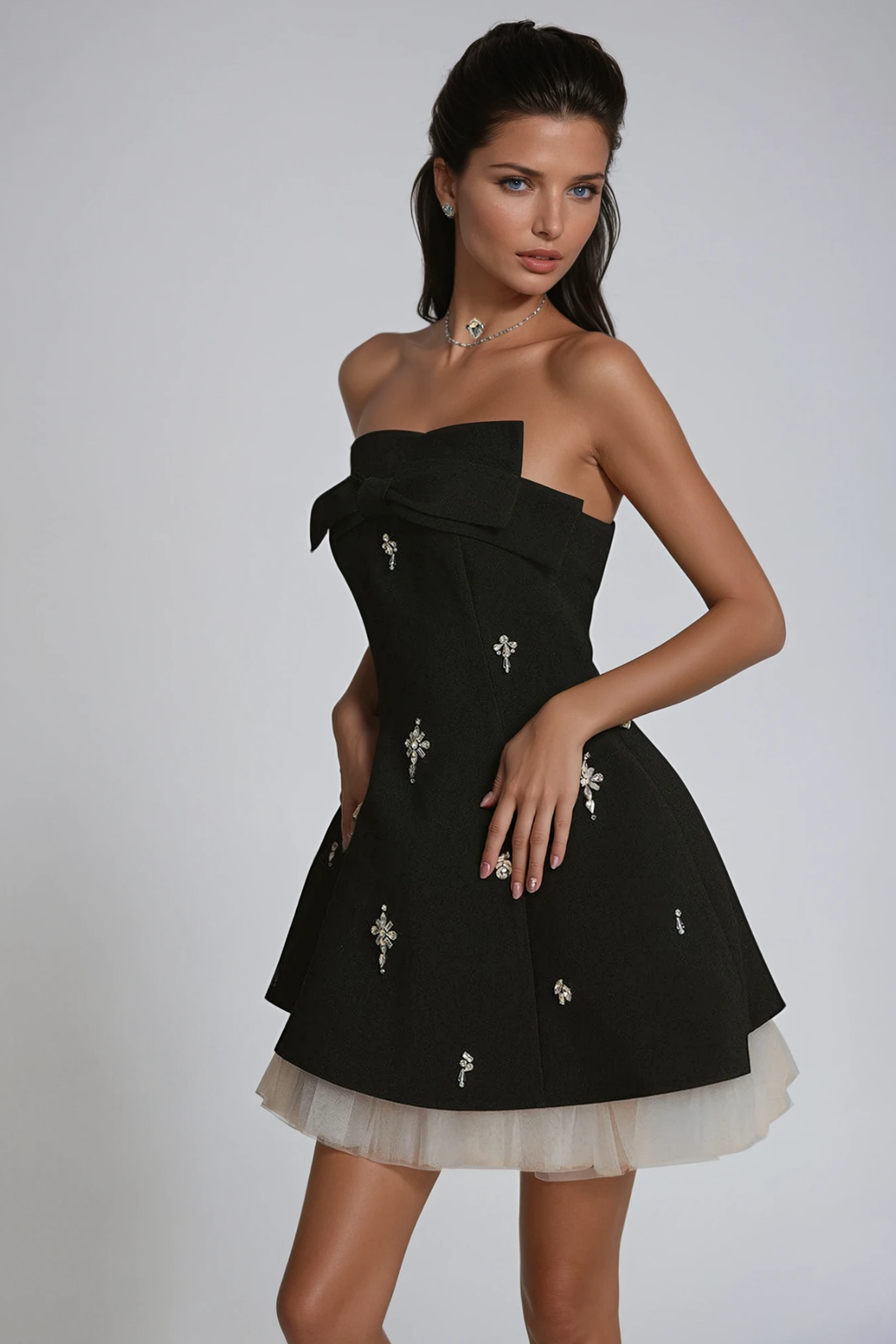 Flowering Girl Women Bracha Crystal Bow Mesh Mini Dress