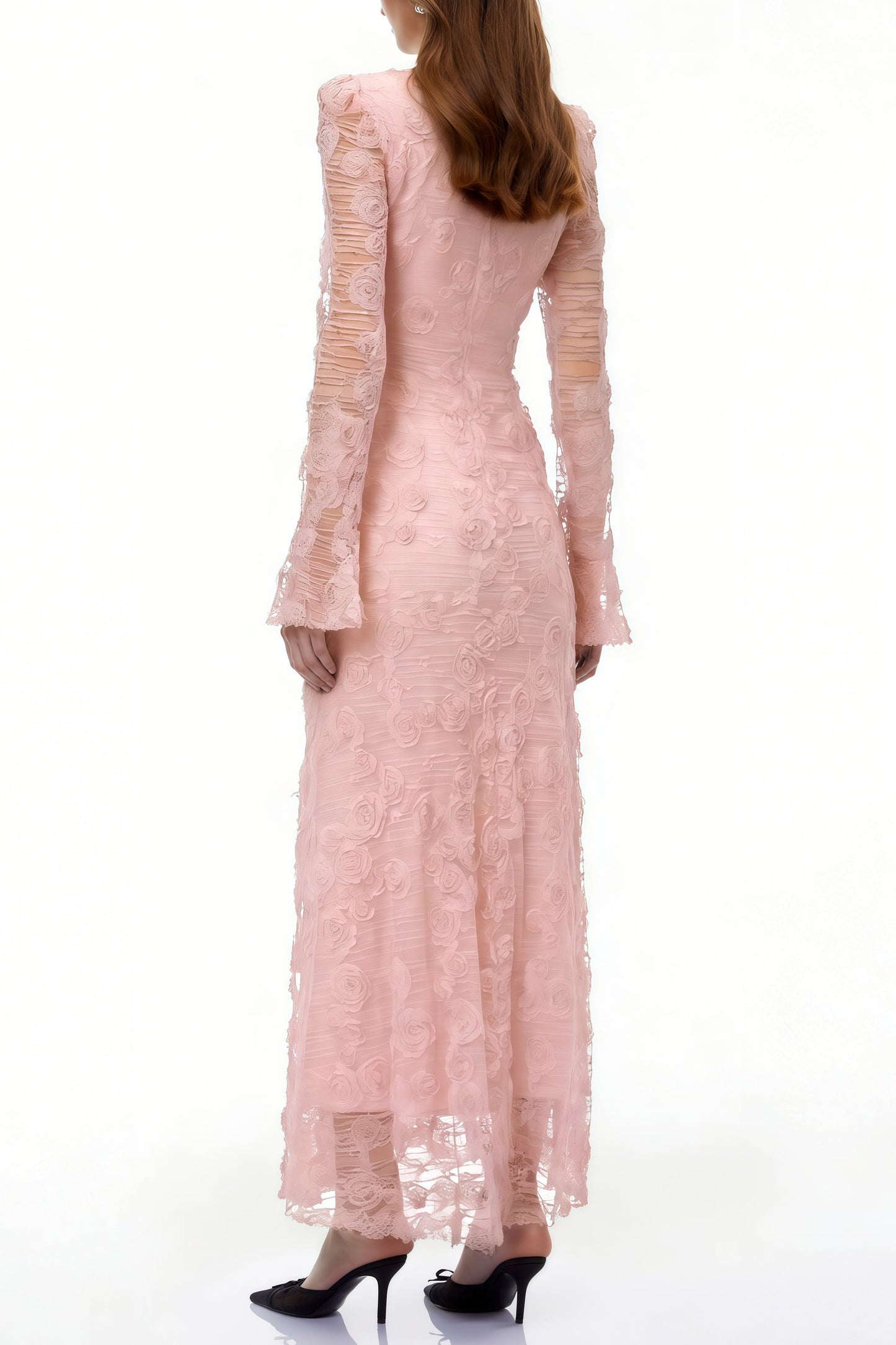 tracy Pink 3D-Floral Embroidered Lace Maxi Dress