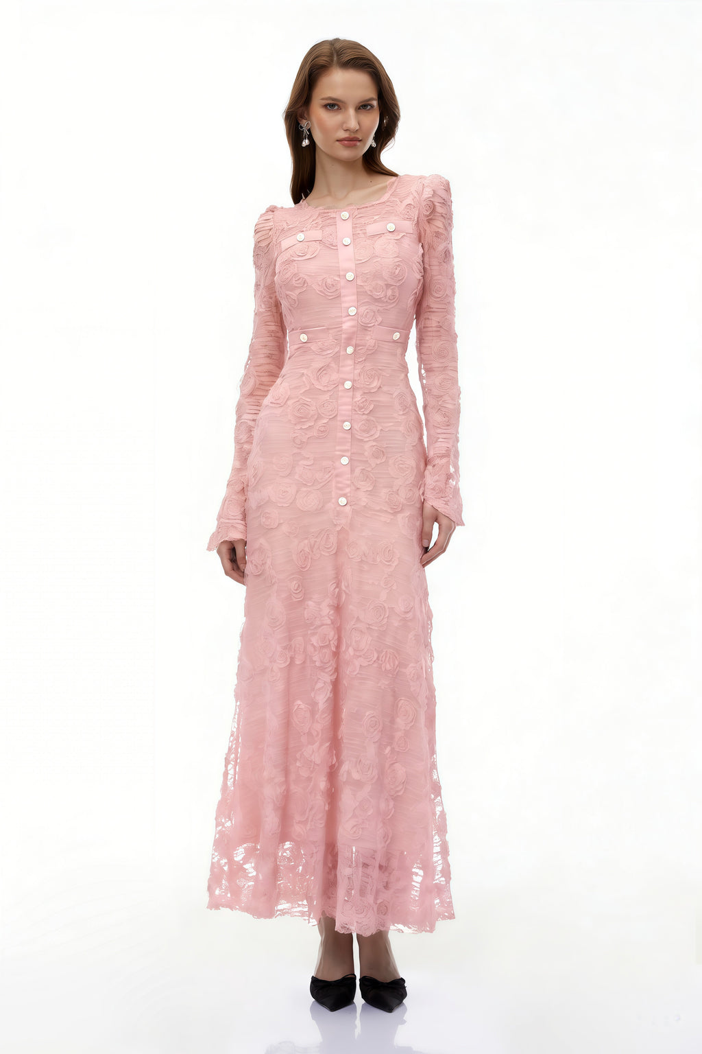 tracy Pink 3D-Floral Embroidered Lace Maxi Dress