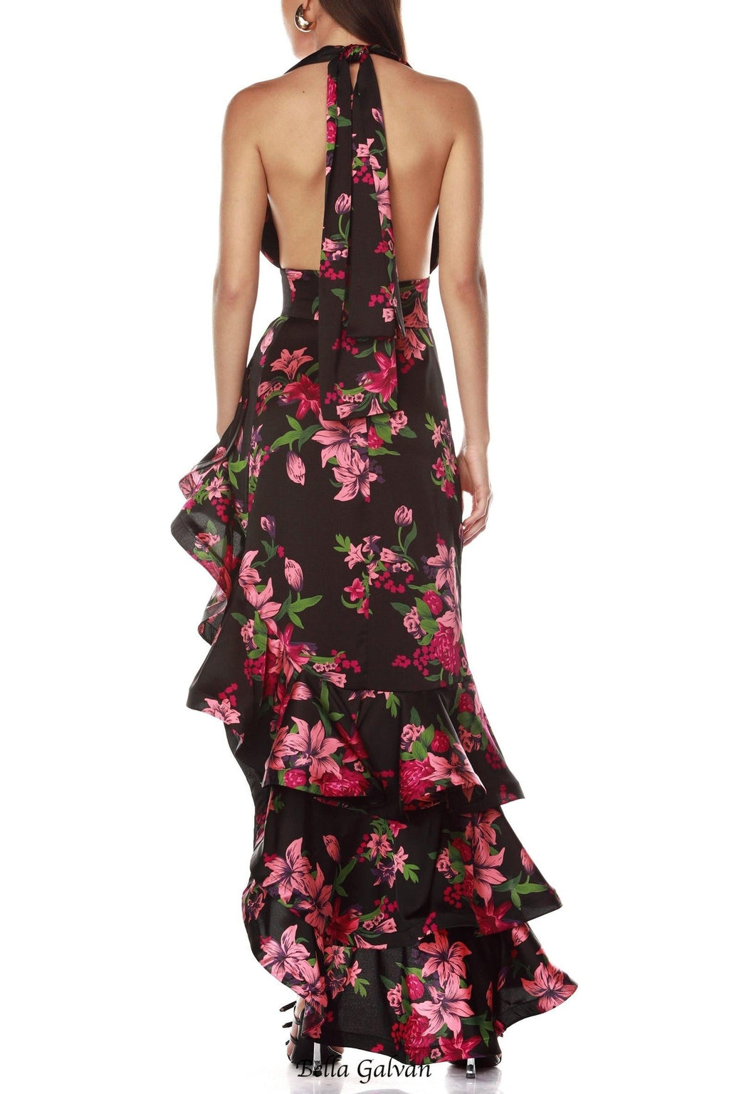 georgia floral print halter ruffle Maxi Dress in black