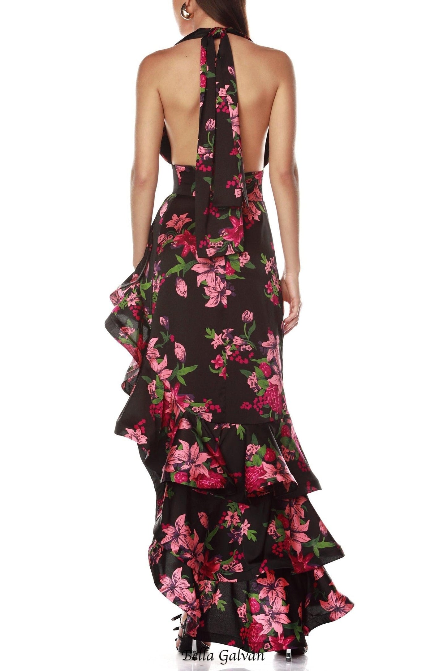 georgia floral print halter ruffle Maxi Dress in black
