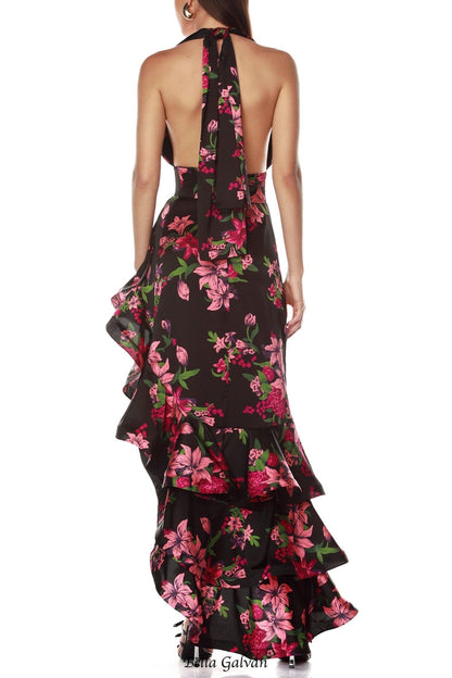 georgia floral print halter ruffle Maxi Dress in black