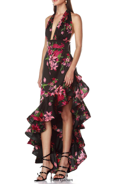 georgia floral print halter ruffle Maxi Dress in black