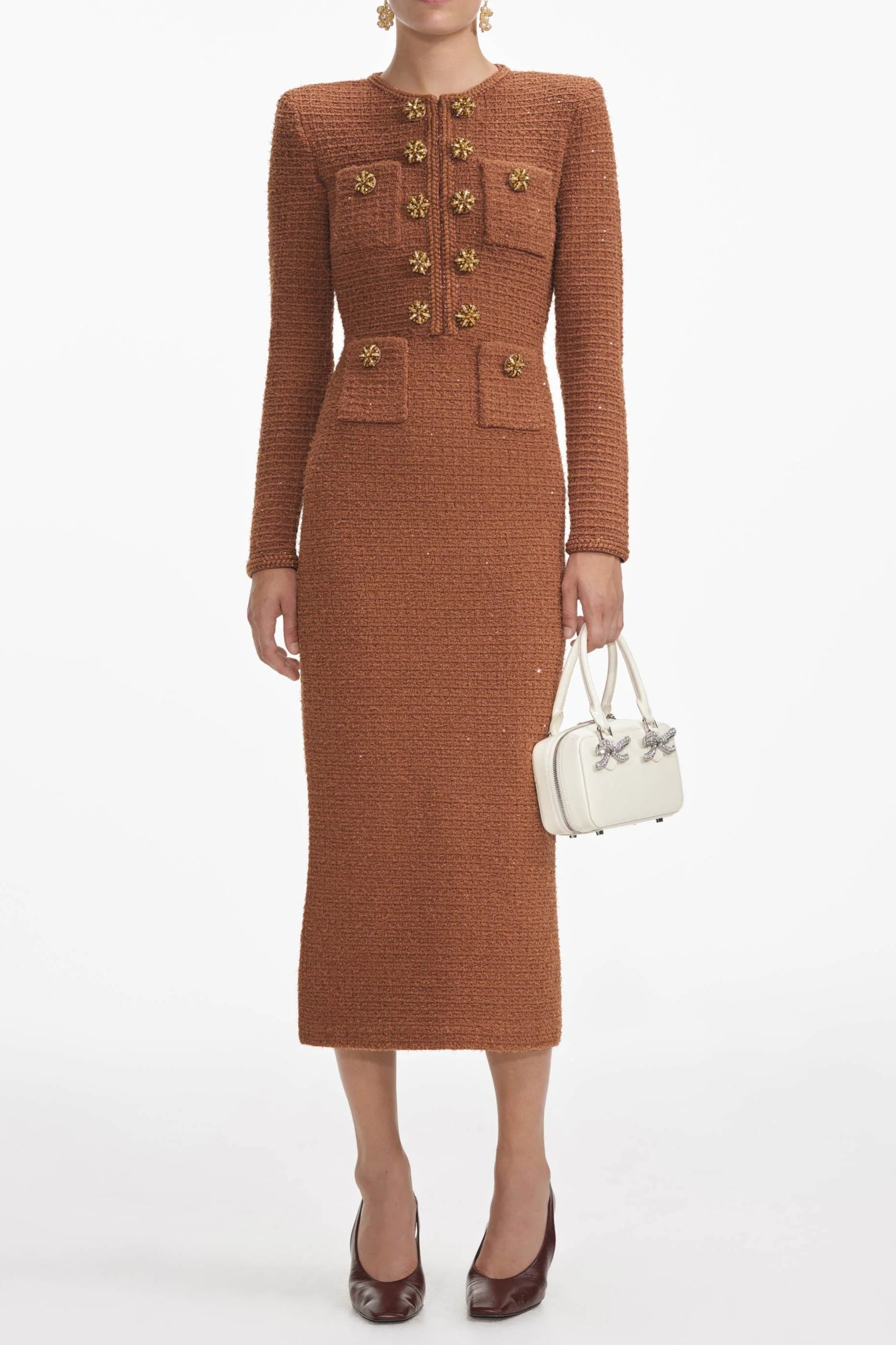 Flowering Girl Women Braided-Edge Tweed Midi Dress In Brown
