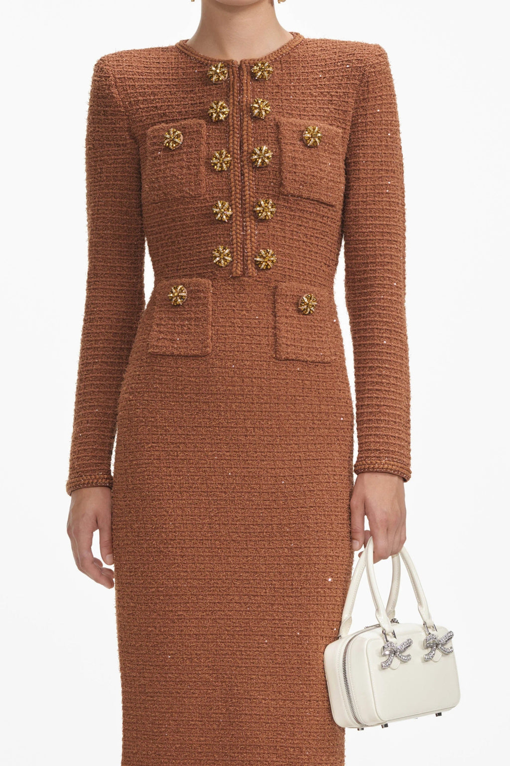 Flowering Girl Women Braided-Edge Tweed Midi Dress In Brown