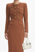 Flowering Girl Women Braided-Edge Tweed Midi Dress In Brown