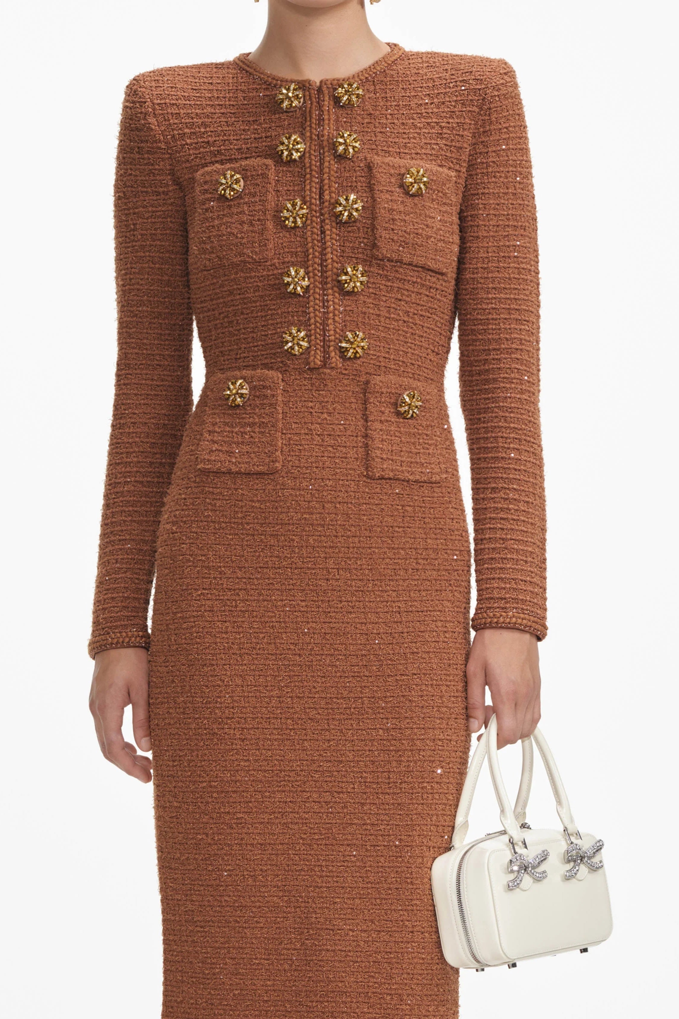 Flowering Girl Women Braided-Edge Tweed Midi Dress In Brown