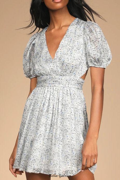 Flowering Girl Women Budding Love White Floral Print Puff Sleeve Cutout Mini Dress