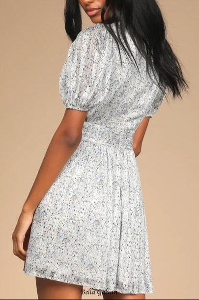 Flowering Girl Women Budding Love White Floral Print Puff Sleeve Cutout Mini Dress