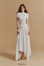 Flowering Girl Women CASSIA Asymmetrical ruched top Midi Skirt set in white