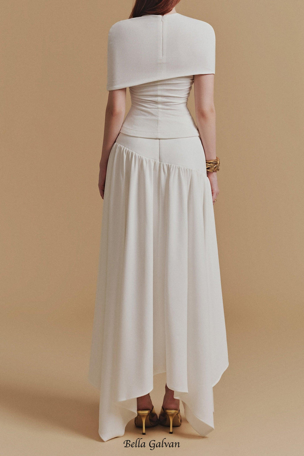 Flowering Girl Women CASSIA Asymmetrical ruched top Midi Skirt set in white