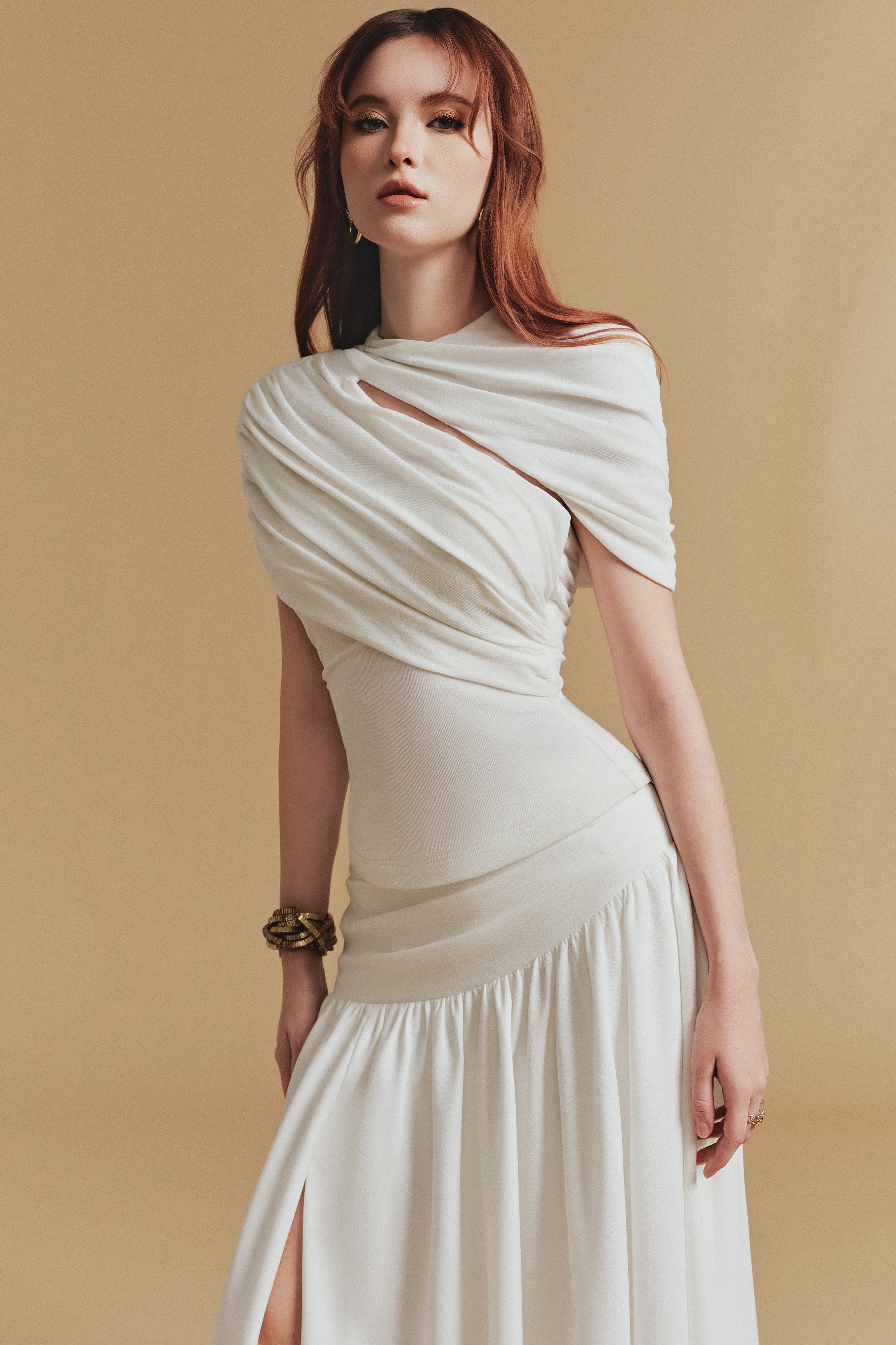 Flowering Girl Women CASSIA Asymmetrical ruched top Midi Skirt set in white