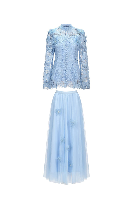 yvette blue Long Sleeve Folds Lace Butterfly Top And Skirt Two-Piece Set