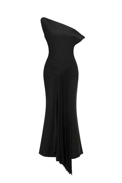 Juny Oblique Shoulder Sleeveless Folds Midi Dress