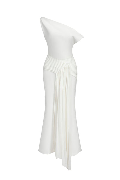 Paulina Oblique Shoulder Sleeveless Folds Midi Dress