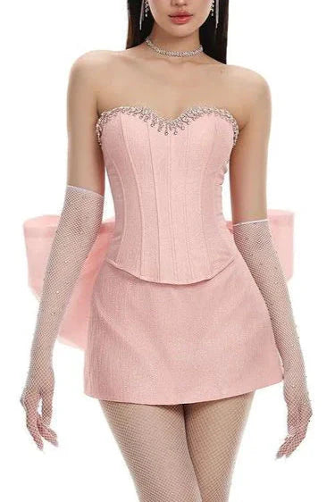 Flowering Girl Women Back Bowknot Embellished Skirt Suit In Pink