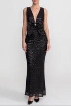Flowering Girl Women Sequin Maxi Dress With Satin Bow Detail - Black