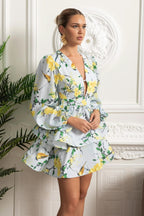 Flowering Girl Women Floral Romantic Mini Dress With Voluminous Sleeves And Peplum Detail - Sky Blue