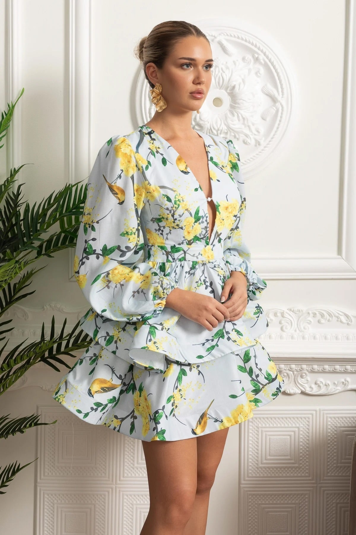 Flowering Girl Women Floral Romantic Mini Dress With Voluminous Sleeves And Peplum Detail - Sky Blue