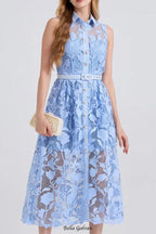 NECKLINE SLEEVELESS PINCHED WAIST MIDI DRESS IN BLUE