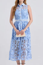 NECKLINE SLEEVELESS PINCHED WAIST MIDI DRESS IN BLUE