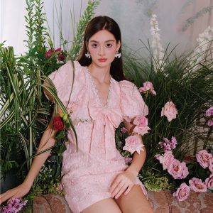 Flowering Girl Women Pearl Diamond Decorated Bubble Sleeve Jacquard Embroidery Dress